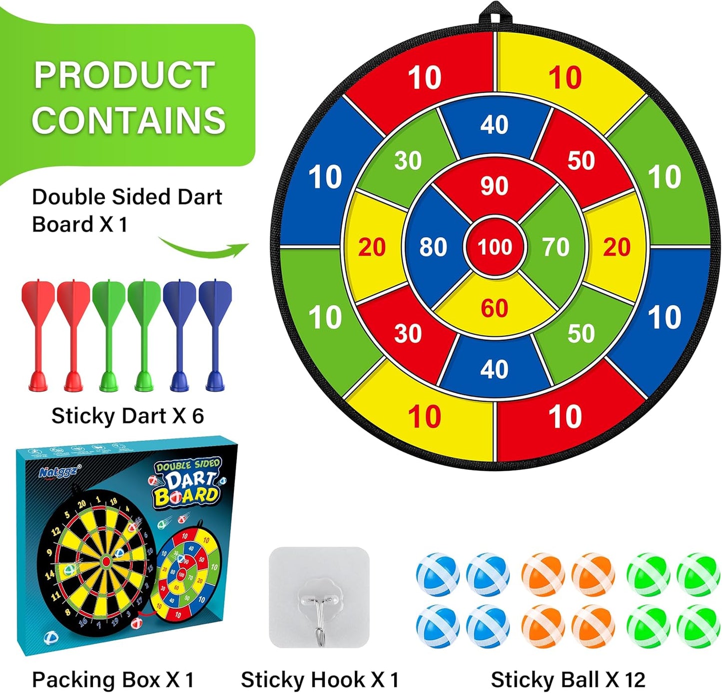 Large Dart Board for Kids, Kids Double-Sided Dart Board with Sticky Balls and Darts, Indoor/Outdoor Sport Fun Party Play Game Toys, Gifts for 3 4 5 6 7 8 9 10 11 12 Year Old Boys Girls