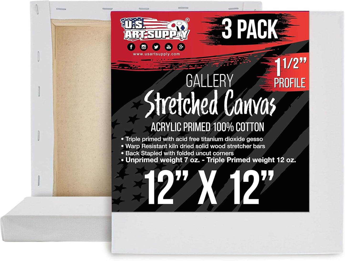 U.S. Art Supply Square Stretched Canvas for Painting 12x12 inch Gallery Depth 1-1/2" Thick, 3-Pack - 12oz Acrylic Gesso Triple Primed, Professional Artist Quality, 100% Cotton - Pouring, Oil Paint