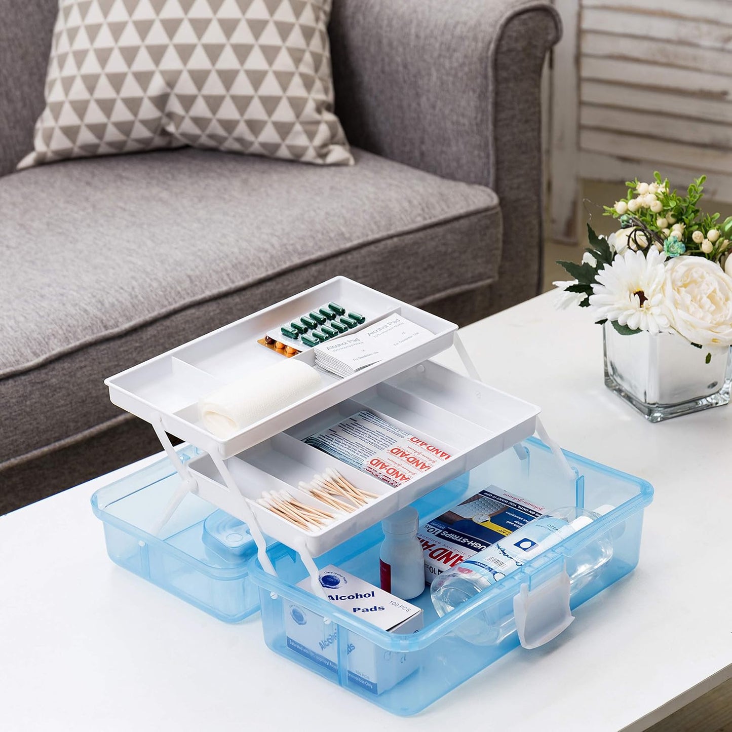 MyGift 13 Inch Transparent Blue Plastic Empty Multipurpose Storage Box with Handle, Latching Lid and 2 Expandable Trays for Tools, First Aid, Sewing Kit, Arts Crafts Supplies