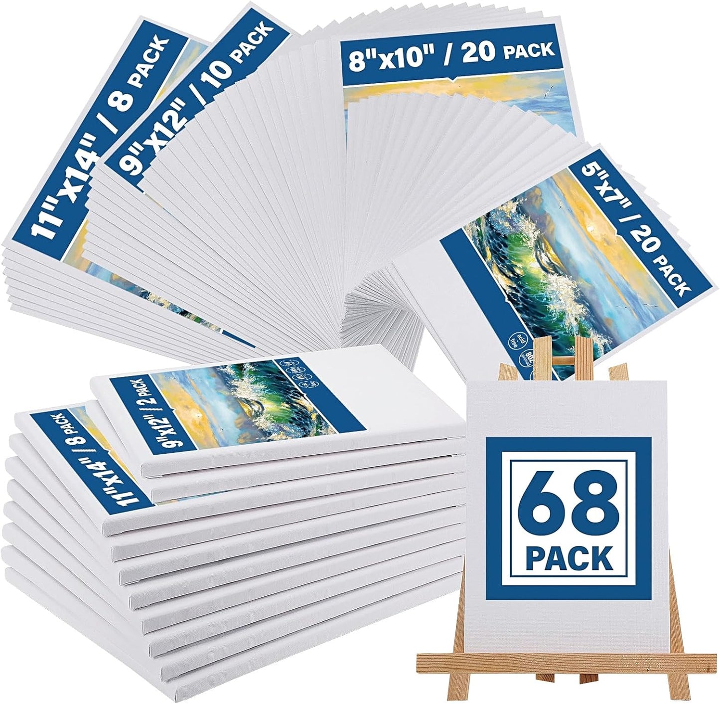 Canvas Boards for Painting, Canvases for Painting with 9 x 12, 11x14, Canvas Panels Set Boards with 5x7, 8x10, 9x12, 11x14, 68 Value Pack for Acrylic, Oil, Tempera & Watercolor Paint