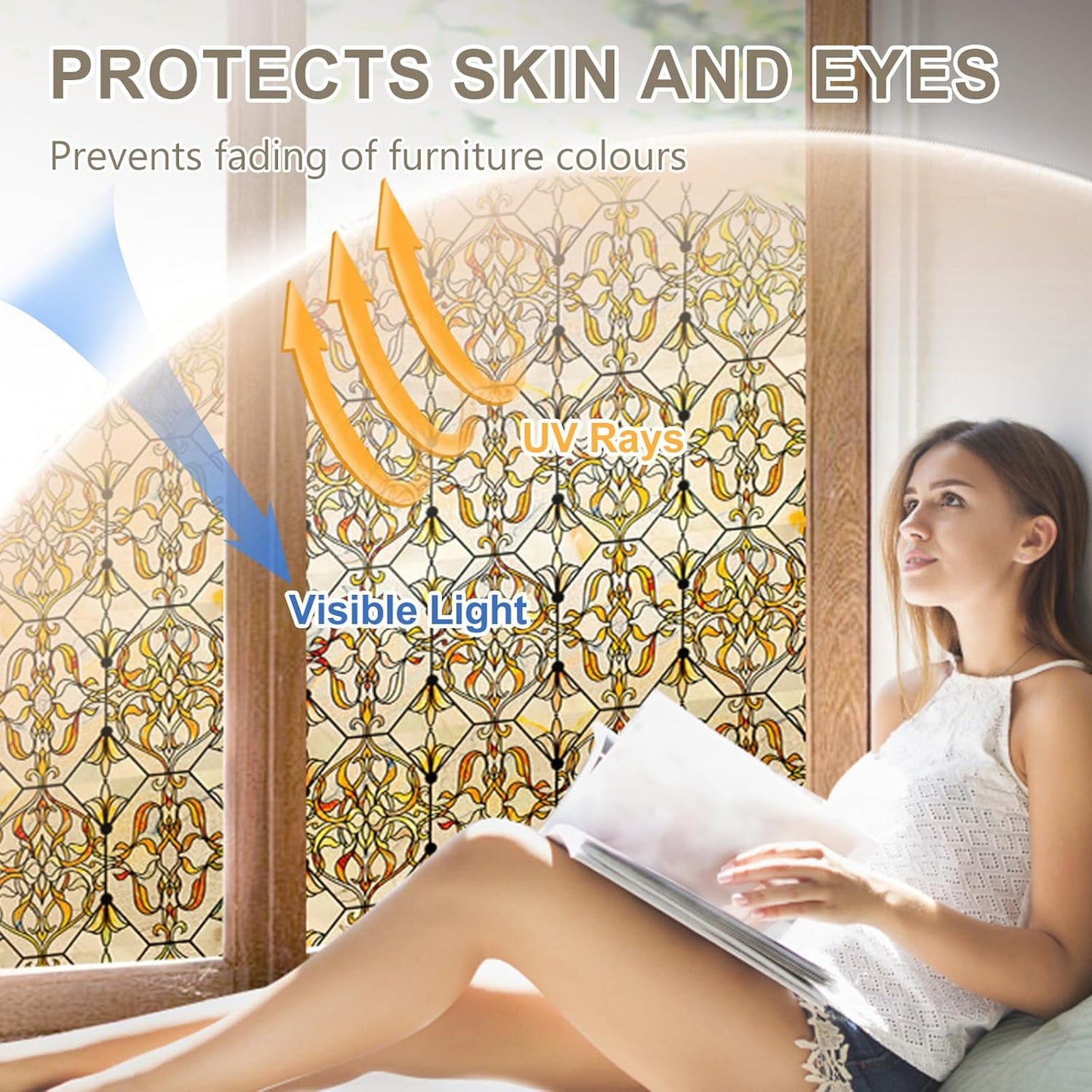 3D Stained Glass Window Privacy Film, Heat Control UV Blocking Static Cling Decorative Window Film for Bathroom,Front Door,Home Non Adhesive 16.9 x 78.7 inches Golden Filigree