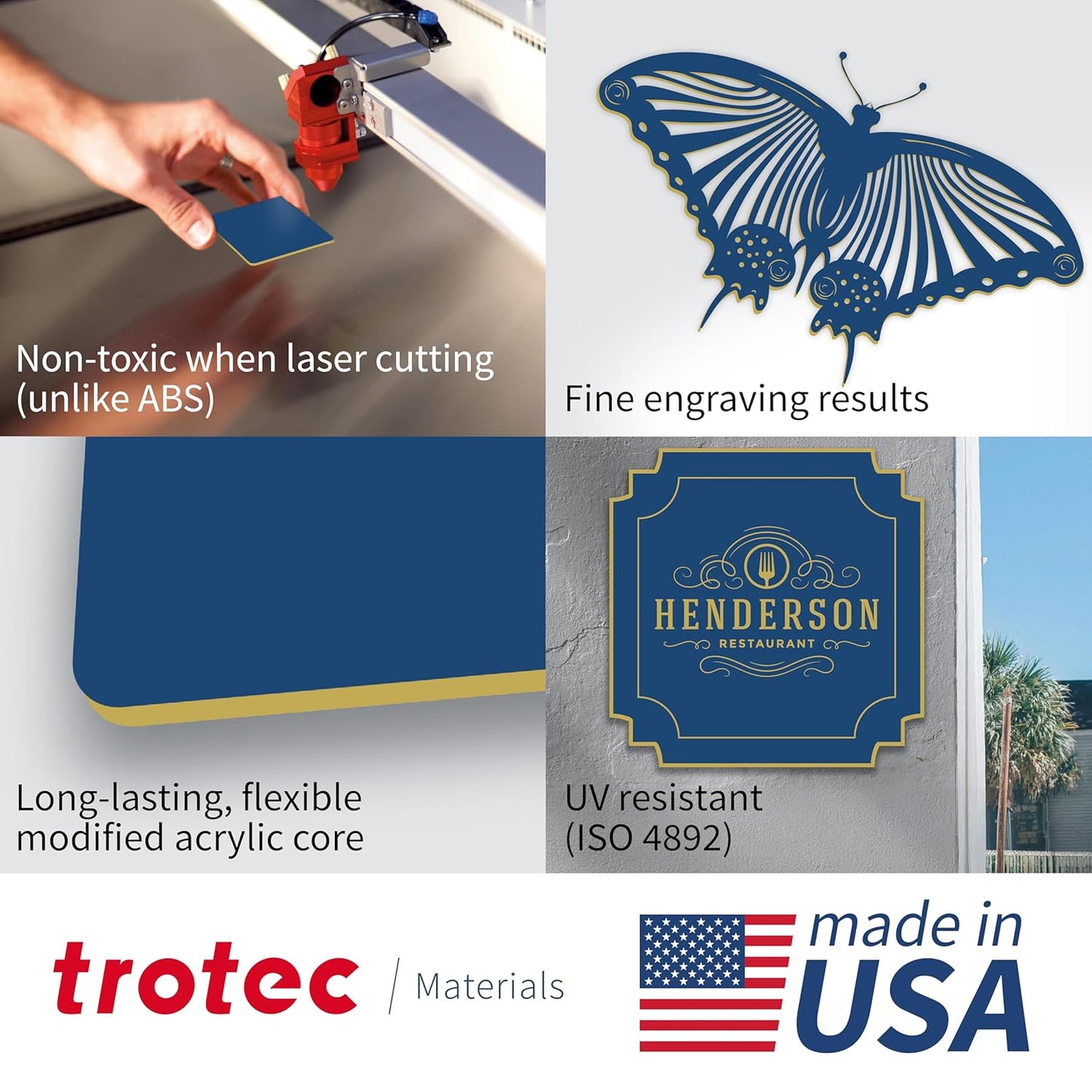 Trotec TroLase | 12"x24"x1/16", 4 Pcs | Navy Blue/Gold | 2 Ply | Modified Acrylic | Laser Engraving Double Color Plastic Sheet | Engraving Blanks for Laser, Saw, Guillotine | Made in USA