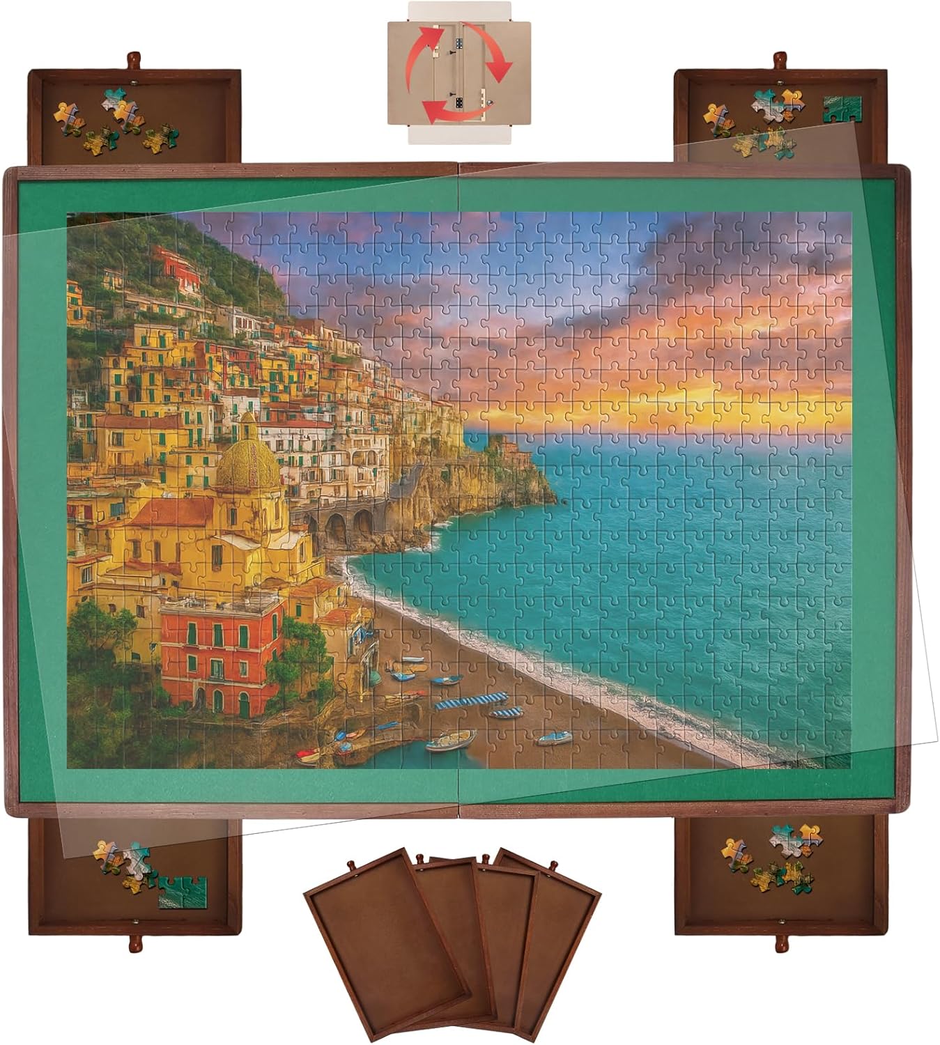 1500 Pieces Rotating Puzzle Board with Drawers and Cover, 34.4"x24.2" Portable Wooden Jigsaw Puzzle Table for Adults and Teens, Puzzle Board with Lazy Susan & Felt, Christmas Birthday Gift