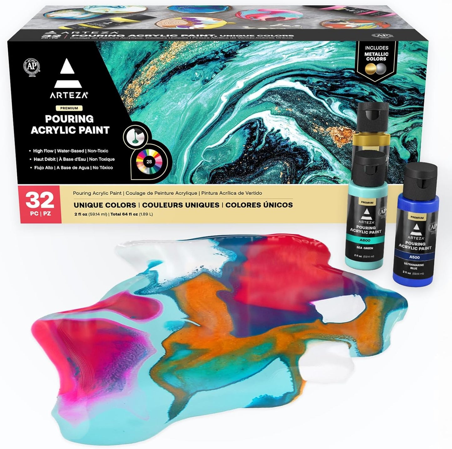 ARTEZA Acrylic Pouring Paint Set of 32, 2 ounce Bottles, Assorted Colors, High Flow Paint, Art Supplies for Pouring on Canvas, Glass, Paper, Wood