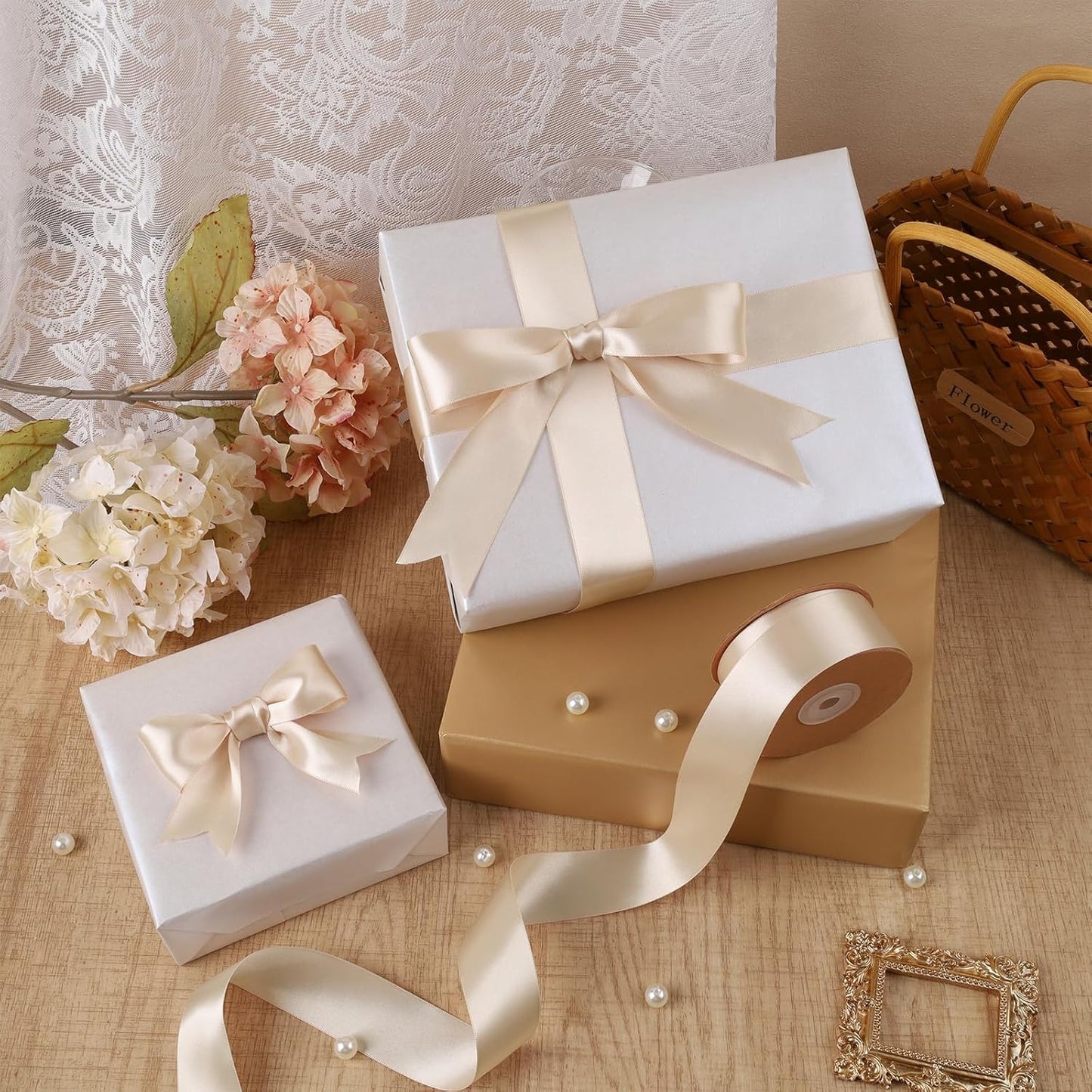 LaRibbons Nude Satin Ribbon 1 1/2 Inch 50 Yards Luxury Double Faced Ivory Silk Ribbon for Flower Bouquet Crafts Gift Wrapping Wedding Bow Christmas Decoration