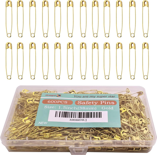 Safety Pins, 600PCS-1.5Inch Small Safety Pins, Rust-Resistant Nickel Plated Steel, Sharp Edge Safety Pin for Clothes, Sewing, Arts & Craft, 38mm Decorative Safety Pins (Gold), UR-28