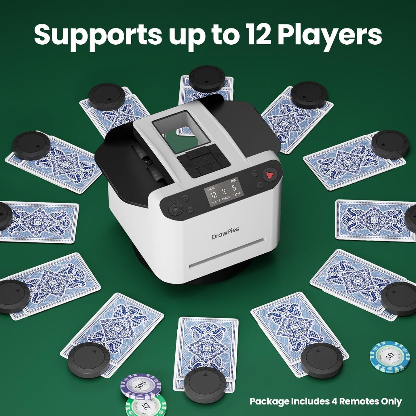 Automatic Card shuffler and Dealer 2-in-1 Machine 2025, 1-12 Player, Rotatable 360°, Remote Card Calling, Ultra Quiet, Rechargeable, for Board Games and Poker, Casino Card, UNO (White)