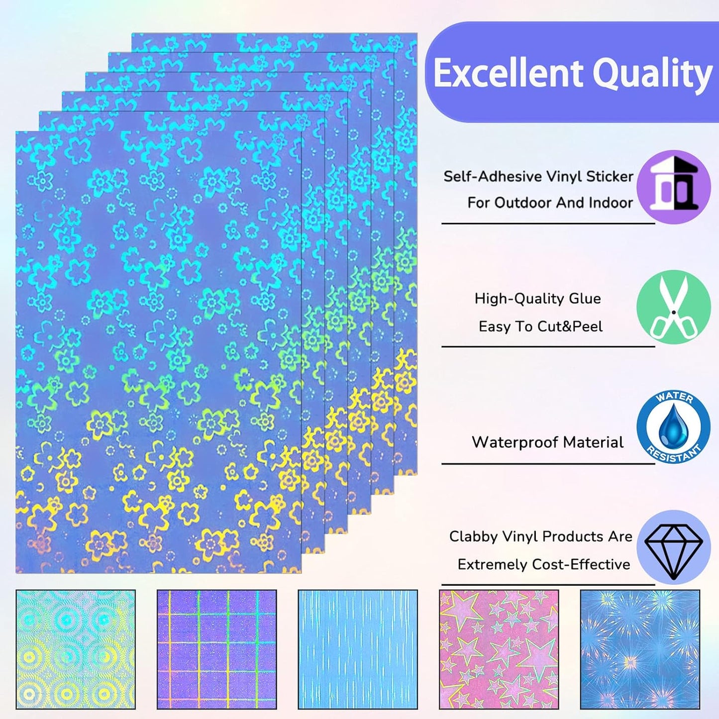 36 Sheets Holographic Sticker Paper Clear A4 Vinyl Sticker Paper Self Adhesive Waterproof Transparent Film Gem Rainbow Star Patterns, 11.7 x 8.3 Inch (Line,Lattice,Firework,Gear,Flower,Pentagram)