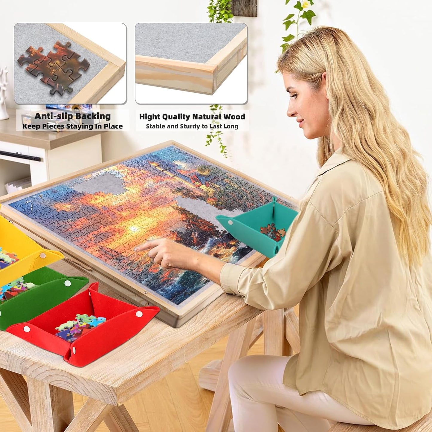 2 in 1 Rotating Tilting Puzzle Board with Drawers, 1500 Piece Jigsaw Puzzle Board with Protective Cover 4 Wheels 4 Sorting Trays, Puzzle Table for Puzzle Lovers, 35 X 27 Inch