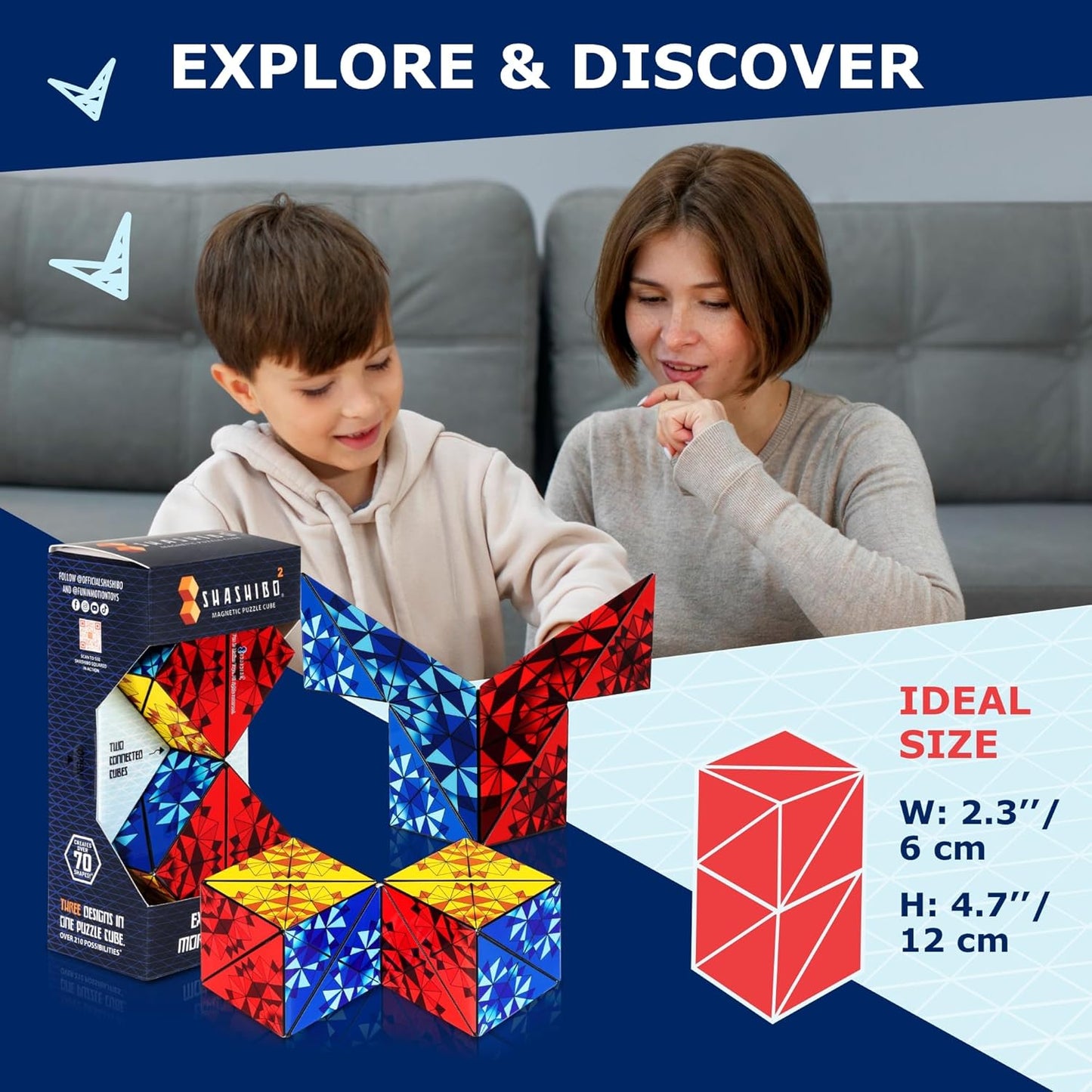 Shashibo Squared Shape Shifting Box – Next Generation XL STEM Magnetic Fidget Cube That Transforms Into Over 70 Shapes – Pairs w/All Shashibo Cubes - Download Fun in Motion Toys Mobile App (Primary)