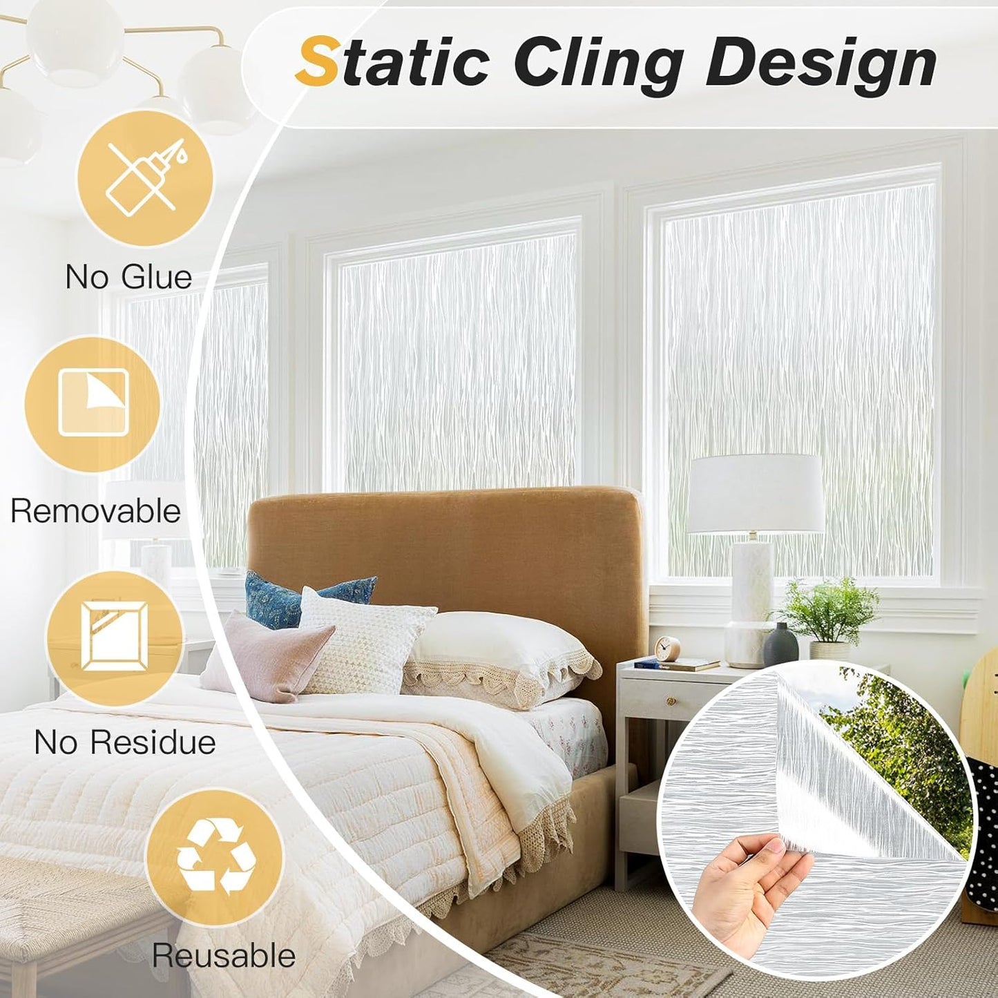 Haton Window Privacy Film, Frosted Glass Privacy Window Clings, Sun Blocking Frosting Opaque Coverings, Static Cling Removable Decorative Stickers for Home Door, Non-Adhesive 23.6" x 118.1"