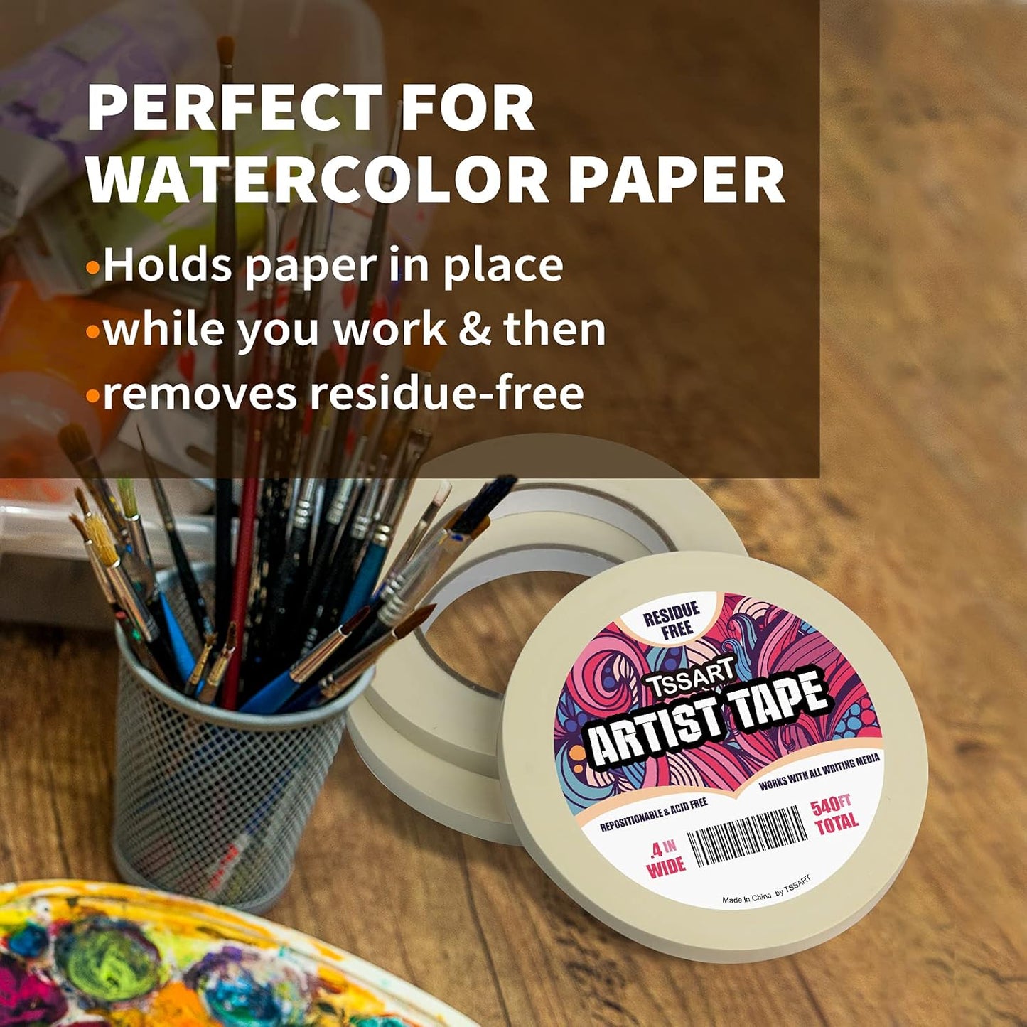 3 Pack White Artist Tape - Masking Artists Tape for Drafting Art Watercolor Painting Canvas Framing - Acid Free 0.4 Inch Wide 180FT Long