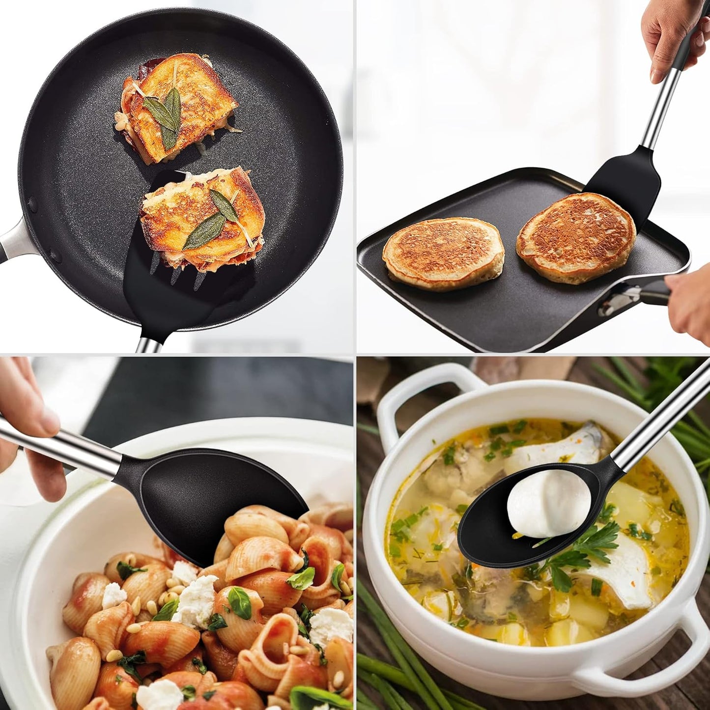 Silicone Spatula Spoon Set, 4 PCS Silicone Cooking Utensils Spatula Spoon Set with Stainless Steel Handle, BPA Free Kitchen Turners for Frying, Mixing, Serving, Draining, Turning, Stirring, Black