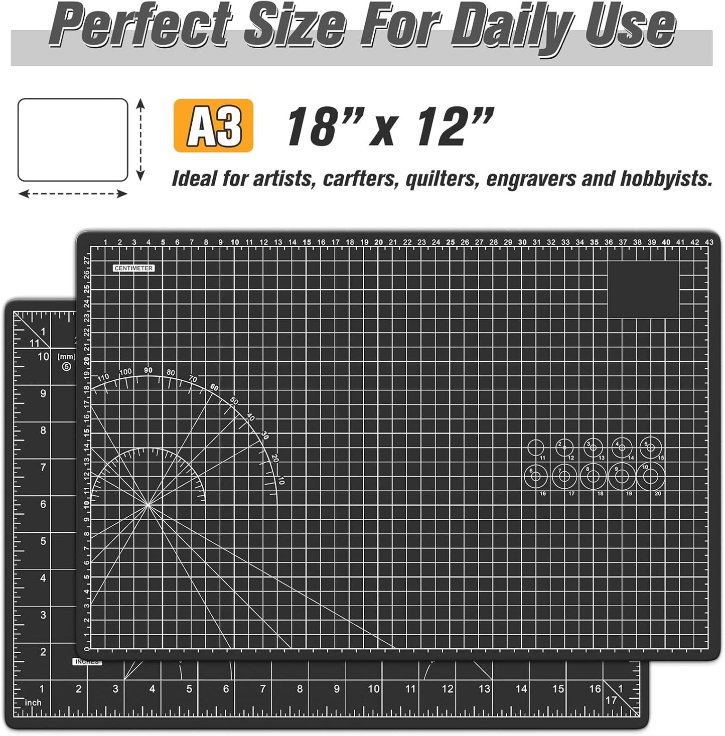 DIYSELF Cutting Mat 12in×18in, Cutting Mats for Crafts, Self Healing Cutting Mat A3, Cutting Mat for Sewing, Fabric Cutting Mat Double Side, Craft Mat for Desktop, Rotating Cutting Mats for Quilting