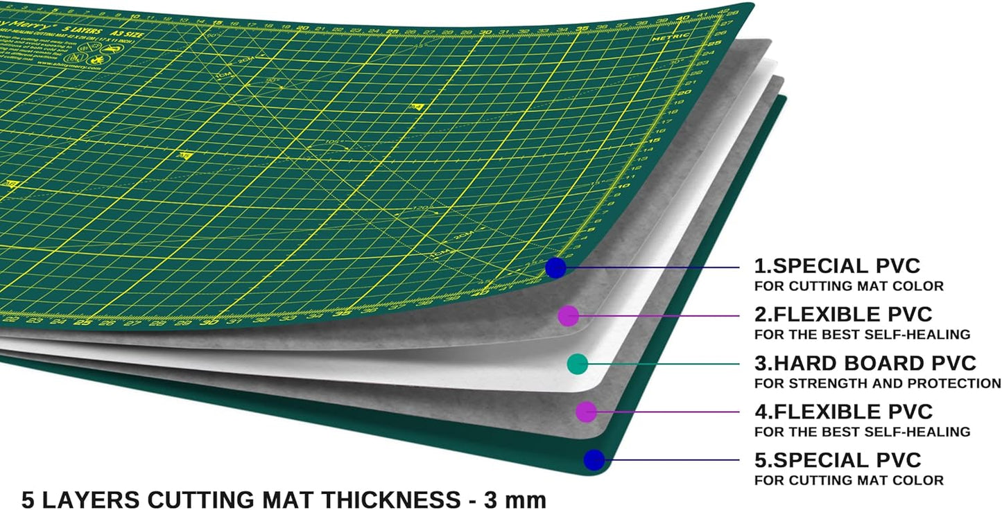Self Healing Cutting Mat A3 12"x18" – Double Sided 5-Ply Craft Mat for Sewing, Quilting, Fabric, Scrapbooking – Green/Green