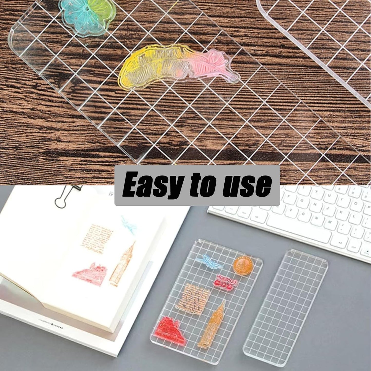 Pine & Linen 6 Pack Clear Stamp Blocks, Acrylic Tools Grid Lines Set, Scrapbooking Crafts for DIY Crafts/Scrapbooking/Card Making/Ornaments/Stamping Projects(Style-1)