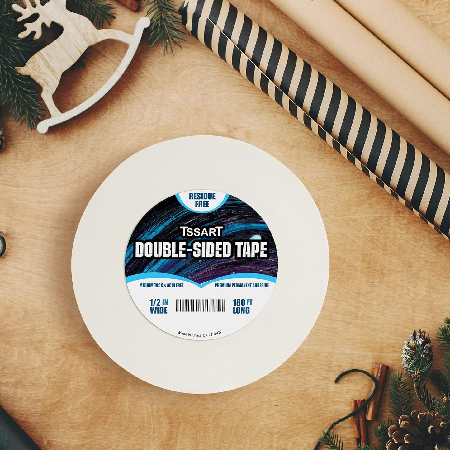 Ultra-Thin Permanent Double-Sided Tape - Double Sided Adhesive Sticky Tape for Arts, Crafts, Photography, Scrapbooking, Tear-by-Hand, Paper Backing - Acid Free 1/2Inch Wide 180FT Long