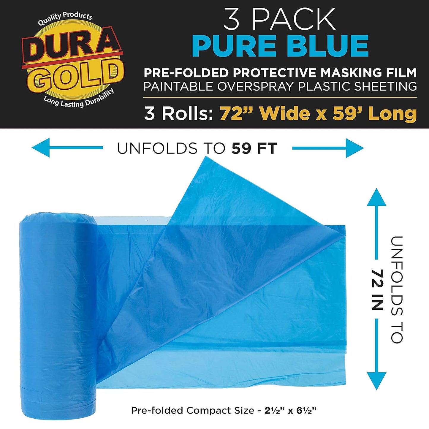 Dura-Gold 72" x 59' Pure Blue Pre-Folded Masking Film, (3 Pack) Painters Plastic Roll (0.4 Mil), Pull Down Drop Sheet, Pre-Folded Plastic Sheeting for Painting Protection on Auto, Walls, Furniture