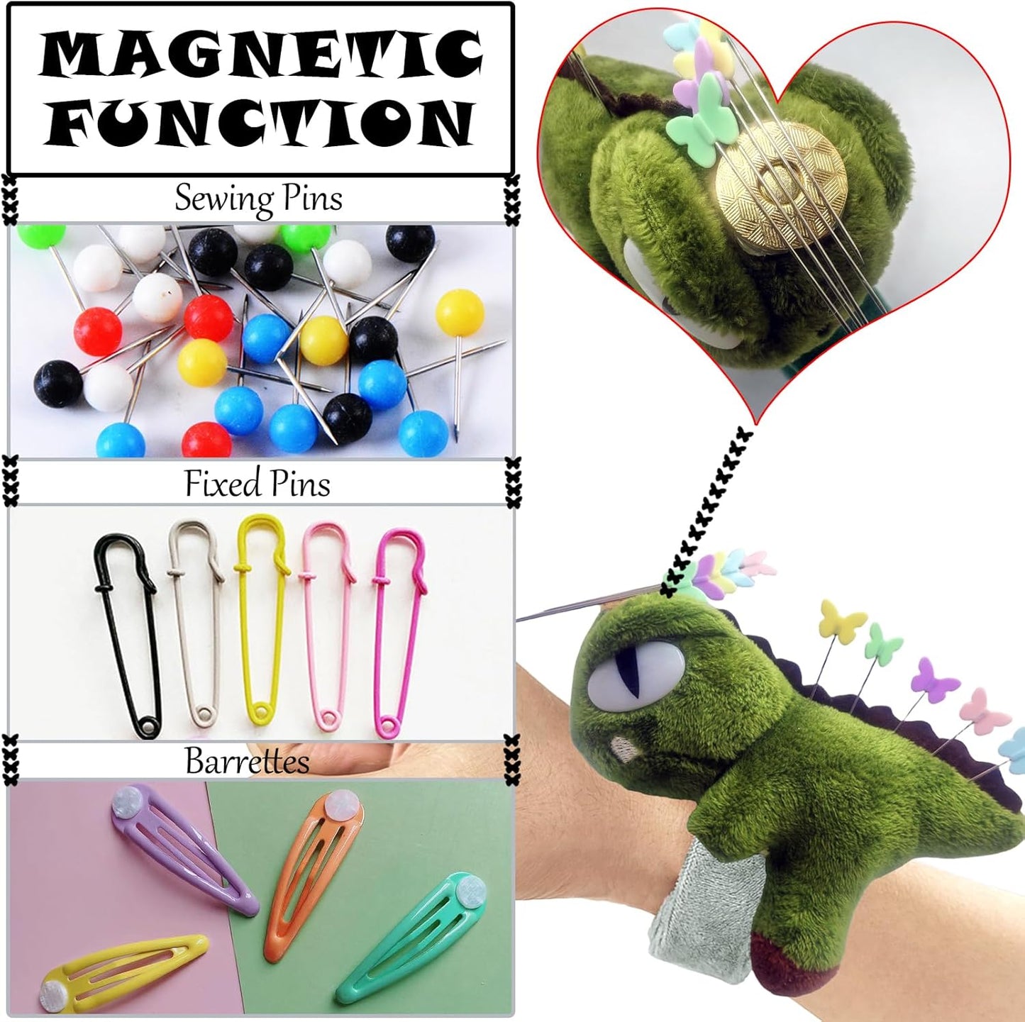 Cute Dinosaurs Wrist Pin Cushion for Sewing with Magnetic, Snap Bracelet Wrist Bands for Pins and Needles Include 50 Lovely Butterfly Straight Pins.