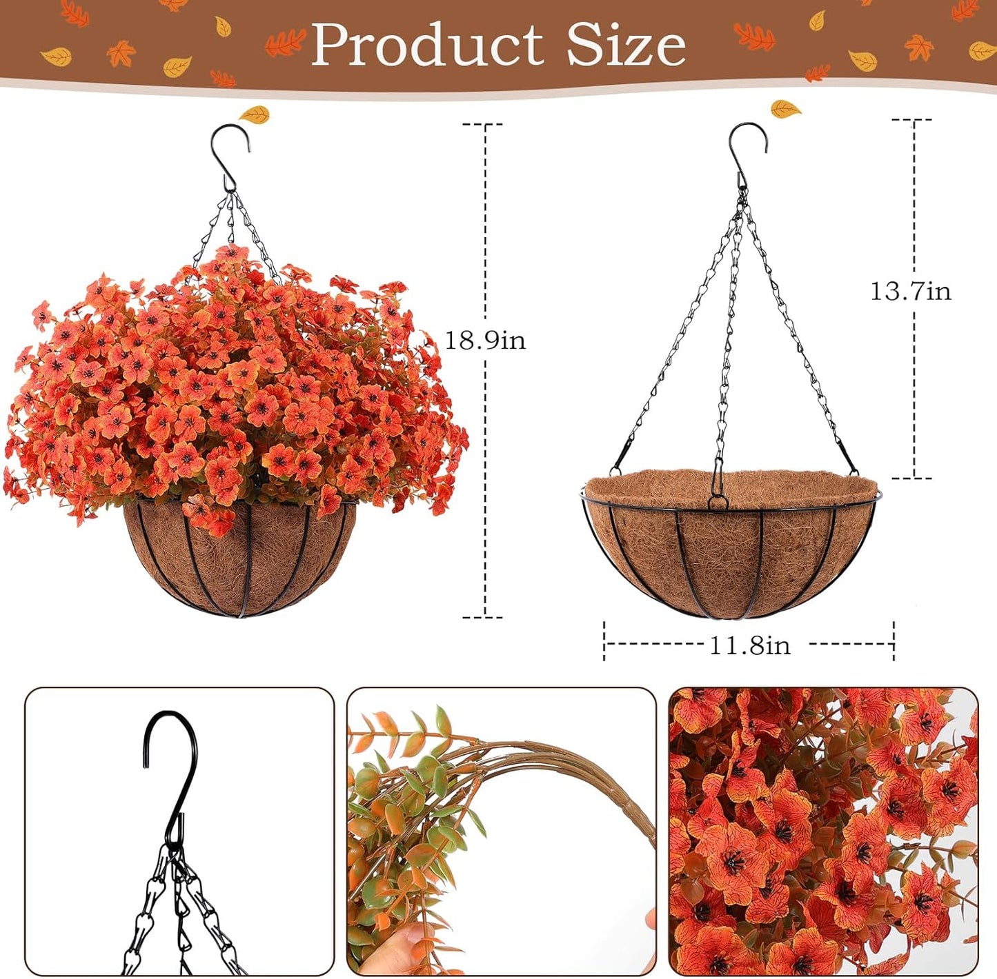 Hananona 24 Pcs Artficial Outdoor Flowers with Hanging Baskets, Orange Fall mums 2 Pack Hanging Planter with Outdoor Fall Flowers for Autumn Porch Garden and Home Patio Yard Decor (2, Orange)