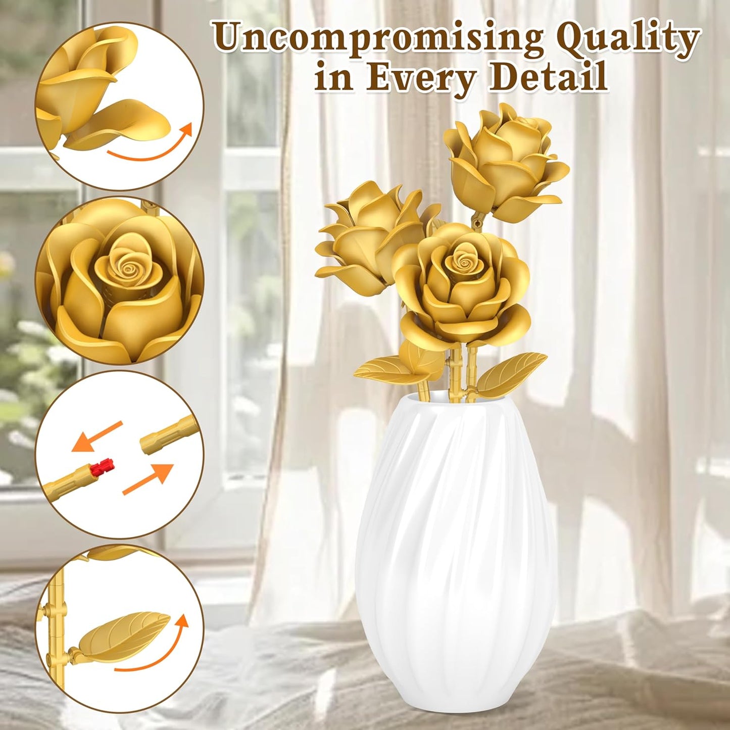 Gold Roses Flower Building Set - 3 Roses Bouquet Botanical Building Blocks for Adult, Home Decor Romantic Anniversary Valentine's Day Gift for Her, Wife, Girlfriend, Mom