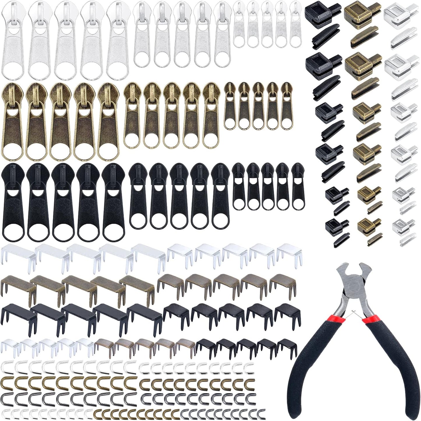 217 Pieces Zipper Repair Kit Replacement, Zipper Pulls, Head Slider, Installation Tools, Stopper Slider Repair Tool Kit for Metal Plastic Nylon Coil Jacket Zippers (Size 8/5/3)