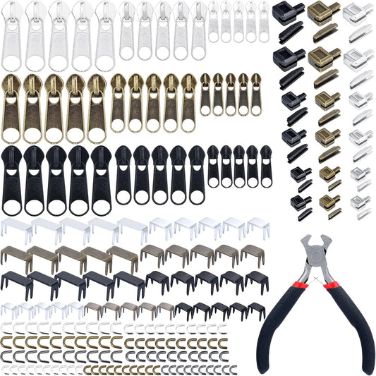 217 Pieces Zipper Repair Kit Replacement, Zipper Pulls, Head Slider, Installation Tools, Stopper Slider Repair Tool Kit for Metal Plastic Nylon Coil Jacket Zippers (Size 8/5/3)