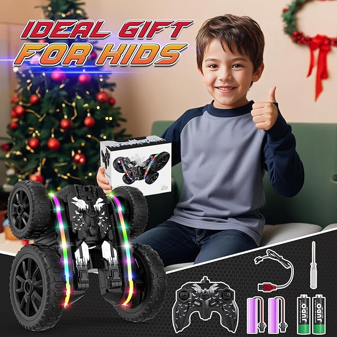 RC Cars Toys, 2-in-1 Remote Control Car Transform 4WD with Spray & LED Lights, 2.4GHz Off-Road Stunt Truck for 360° Flips Gift for Boys Age 8-12 (Black)