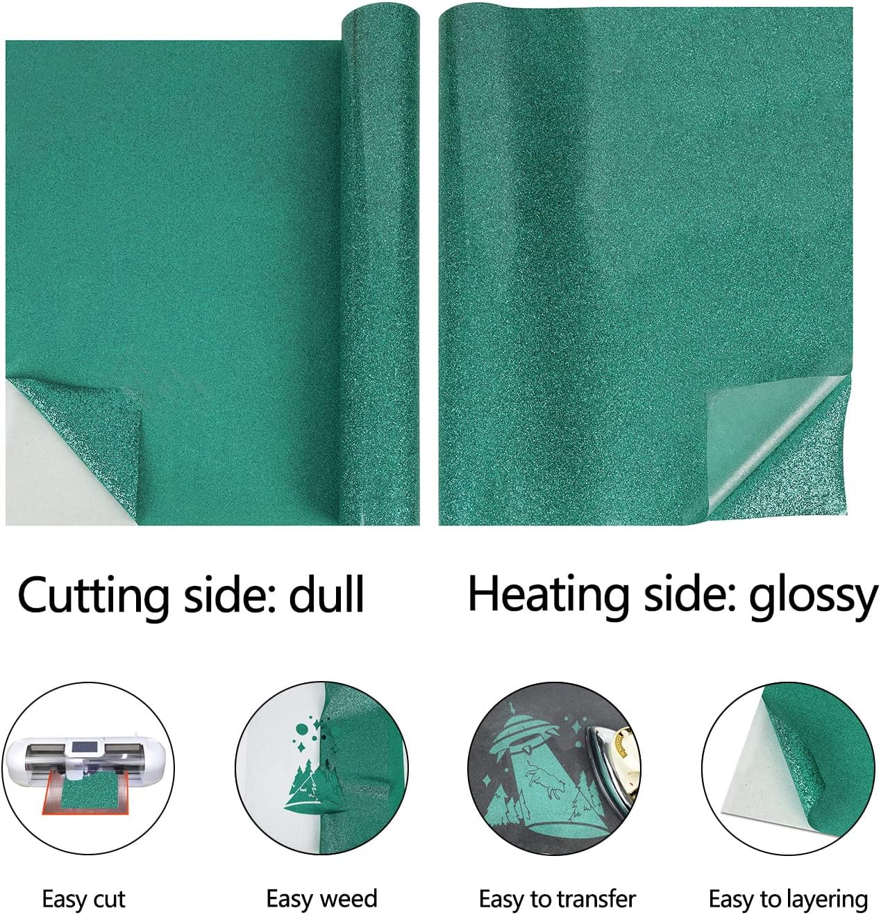 guangyintong HTV Glitter Green Roll, 12''x8ft Iron on Vinyl for T-Shirts, Easy to Cut & Weed for Heat Vinyl Design