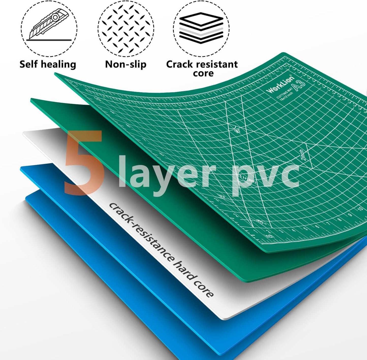 WORKLION Self Healing Cutting Mat - 12 x 18 inch Double Sided 5-layer Gridded Rotary PVC Cutting Board, for Sewing, Quilting, Scrapbooking and Arts & Crafts Projects (5 Pack)