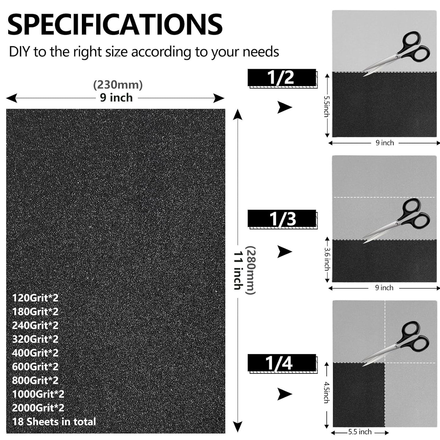 Sandpaper Assortment, 18 Sheets, 9 x 11 Inch Wet Dry Sand Paper, 120/180/240/320/400/600/800/1000/2000 Grit Hand Sanding Sheets for Wood Metal Automotive Sanding and Polishing