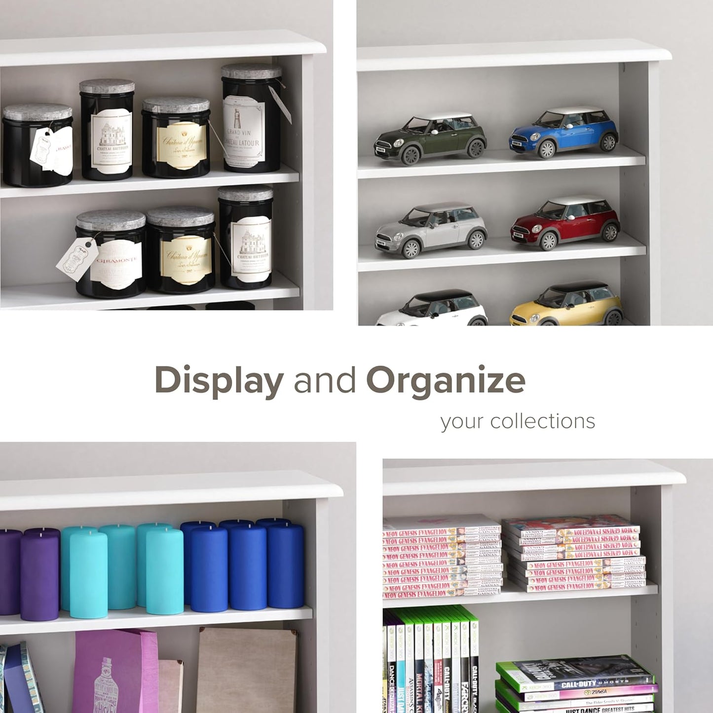 Prepac 3 Column 51" Tall White Display Multimedia Cabinet, Wood Media Storage with Removable Sheves, Modern Multimedia Storage Unit with 21 Adjustable Shelves for Books, DVDs and Collectibles, White