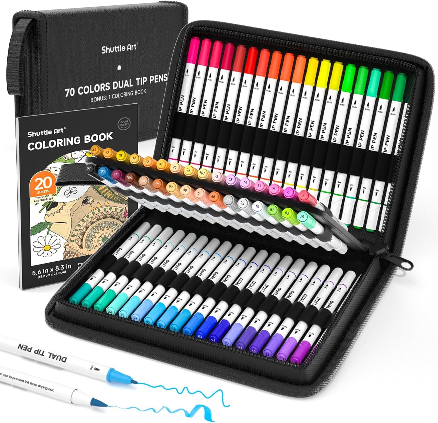 Shuttle Art Dual Tip Brush Pens, 70 Colors, Fine and Brush Dual Tip Markers Set, Portable Storage Case, Ideal for Calligraphy, Coloring, Doodling, Writing