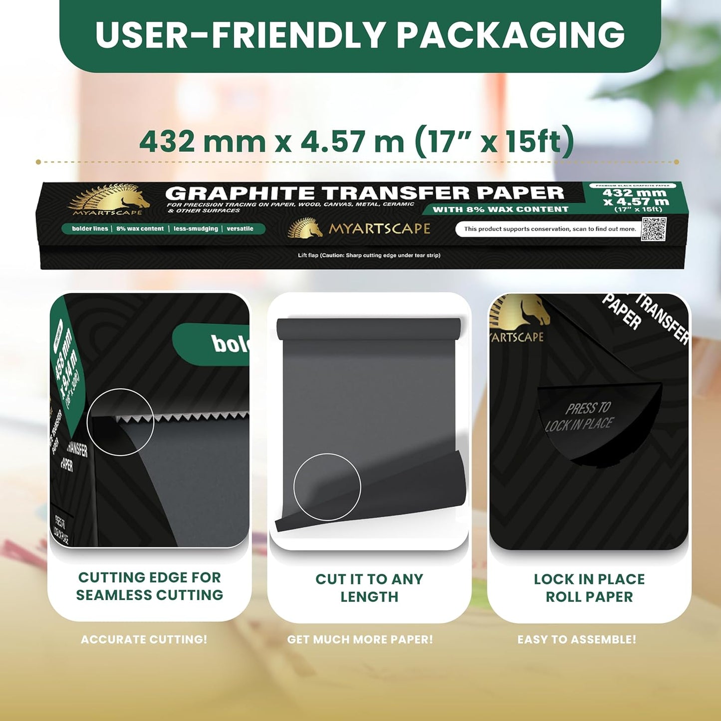 MyArtscape Graphite Transfer Paper Roll - Black Waxed Carbon Paper 17" x 15ft Transfer Paper Roll, Graphite Paper