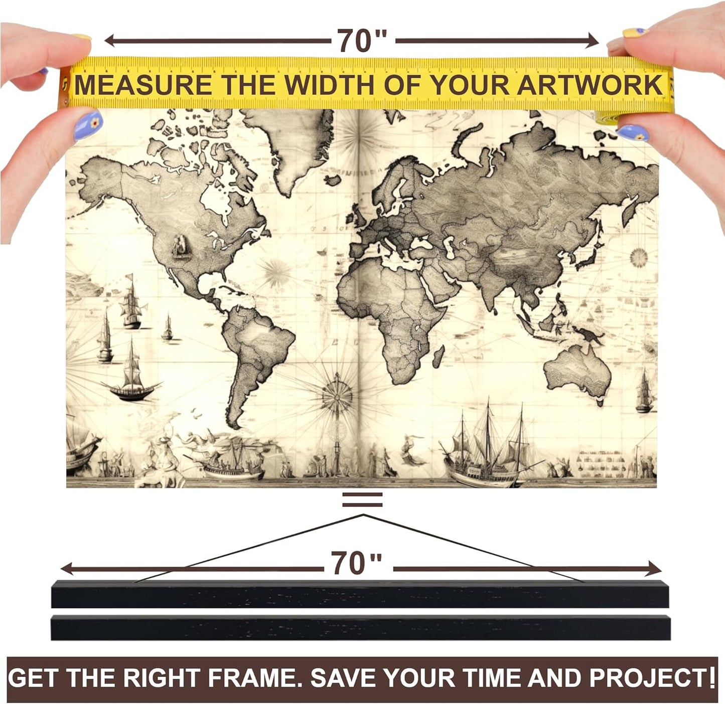 DACRI HOME 70" Magnetic Poster Hanger Frame - Sturdy Teak Wood Poster Frame 70x48 70x50 70x60, Strong Magnets for Easy Hanging Map Picture Canvas Print Scroll Wall Art (70 Inch, Black)