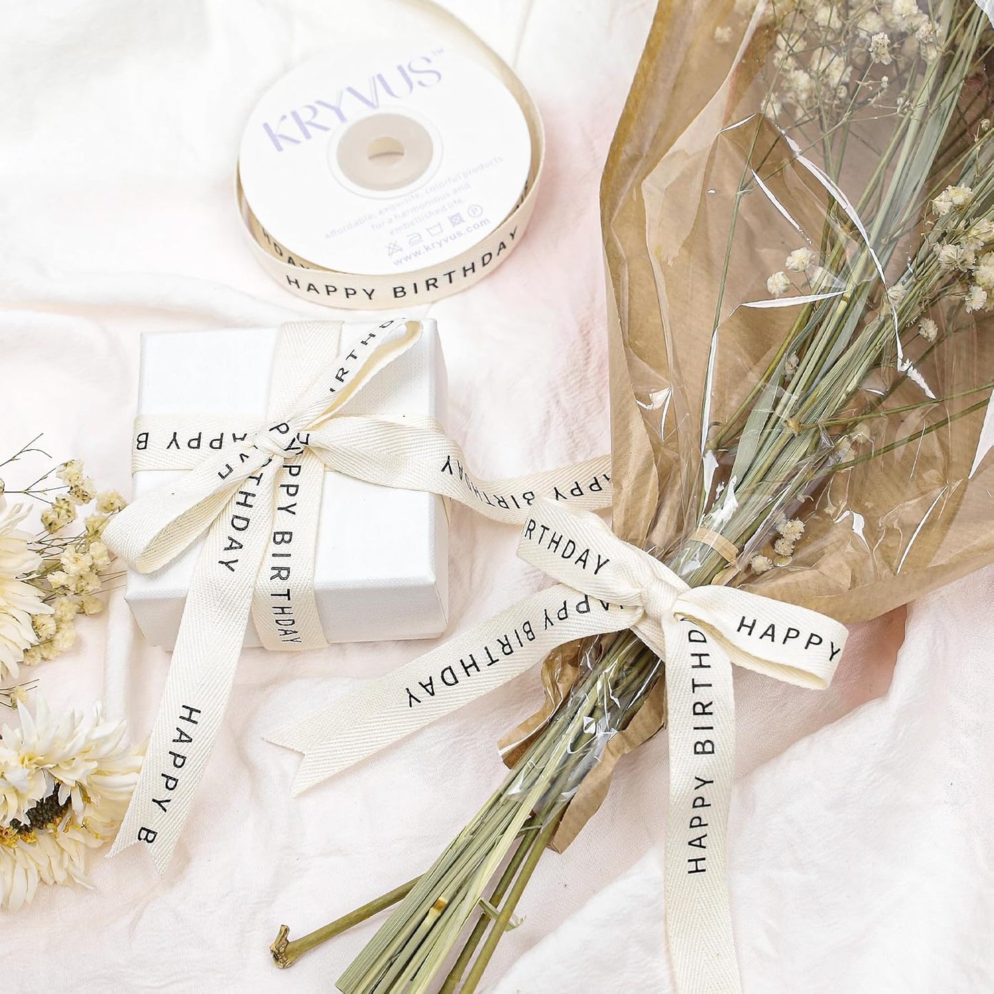 Happy Birthday Ribbon - 5/8 Inch x 12 Yards Natural Twill Tape Ribbon, Cotton Herringbone Ribbons for Gift Wrapping, Birthdays, Christmas, Anniversaries, Mother's Day