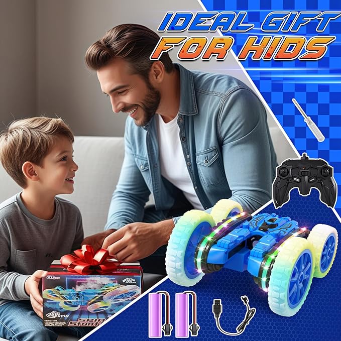 RC Cars Toys, 2-in-1 Remote Control Car Transform 4WD with Spray & LED Lights, 2.4GHz Off-Road Stunt Truck for 360° Flips Gift for Boys Age 8-12 (Blue)