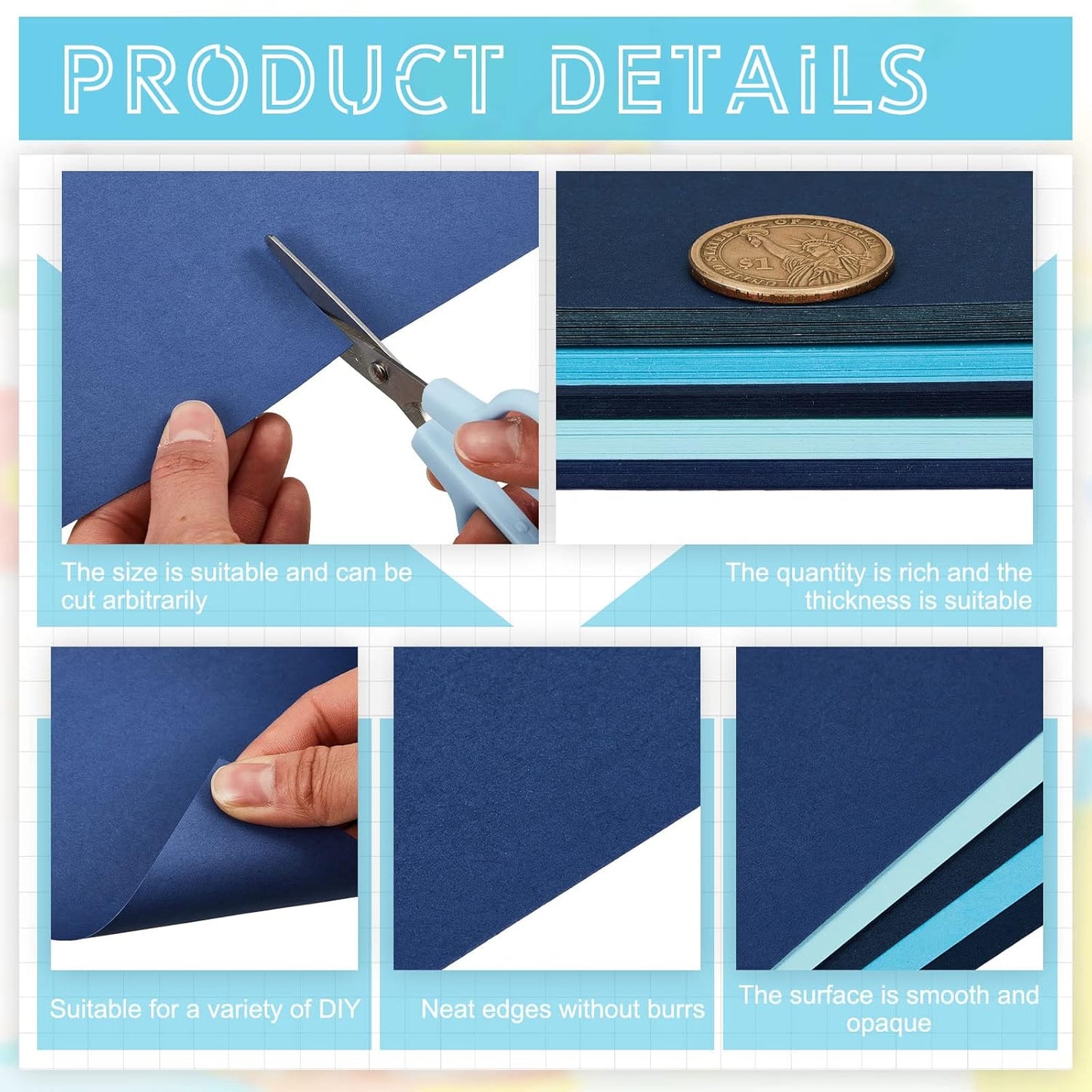 Sinmoe 100 Sheets 5 Shades Cardstock Paper 8.5 x 11 Inches 180gsm Solid Core Printer Paper for Scrapbooking DIY Arts Crafts Making Office Home Supplies(Blue Series)