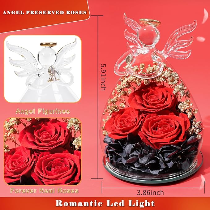 Beferr Valentines Day Rose Gifts for Her Women Mom Gifts for Birthday, Fresh Flowers for Delivery Forever Preserved Rose in Glass Angel Figurine, for Grandma Wife Daughter Girlfriend