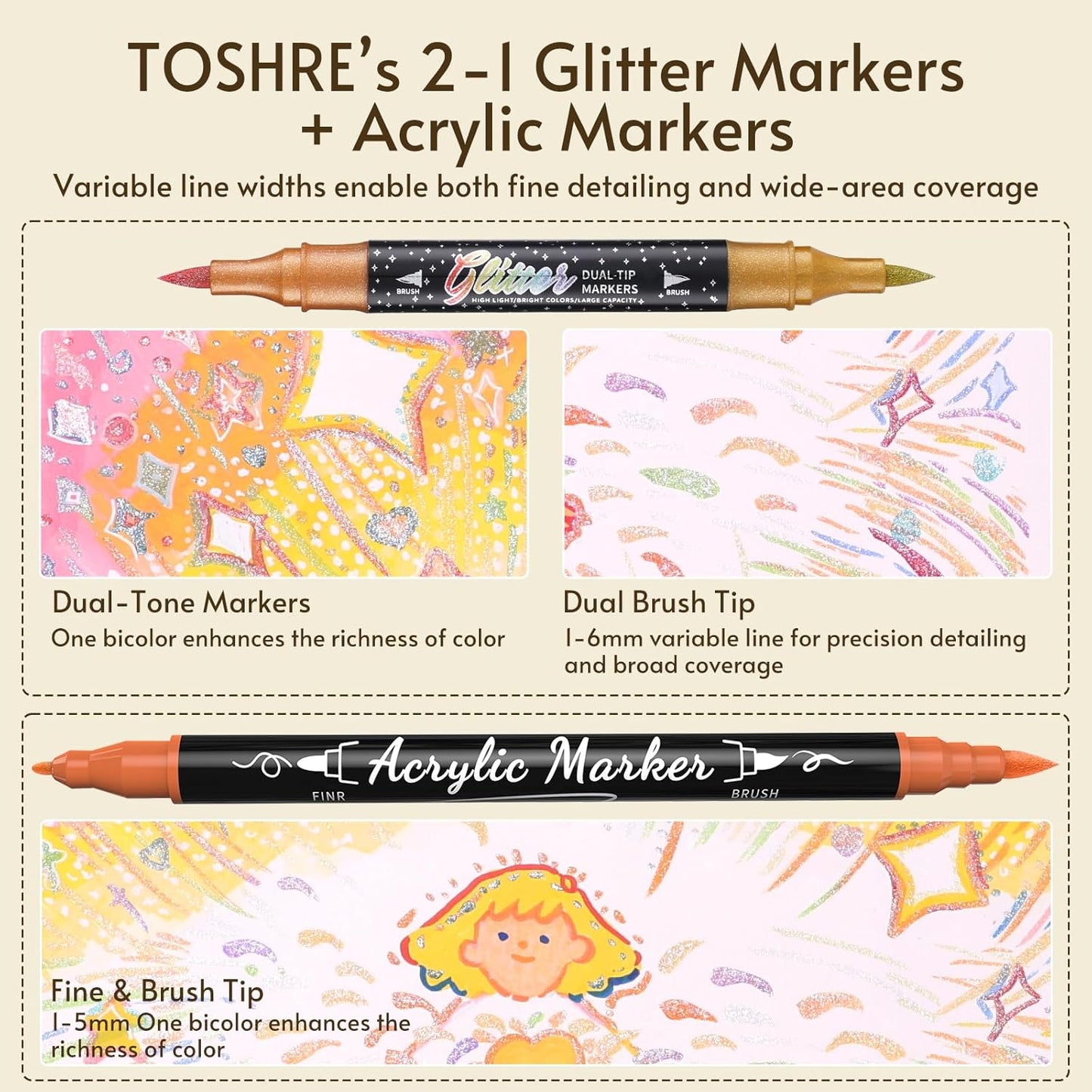 TOSAHRE 72 Colors Dual Tip Glitter Markers & Acrylic Marker Set Paint Pens 24 Pack+ Glitter Brush Marker 24 Pack (48 Colors) for Coloring Rock Wood Painting Scrapbooking Card Making & DIY (48 Pack)