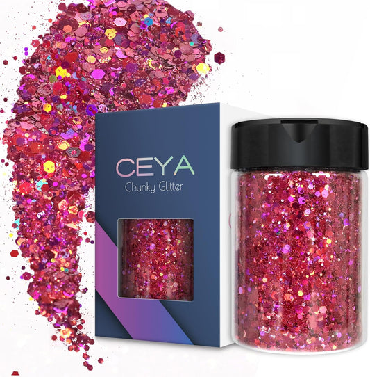 Ceya Holographic Chunky Glitter 4.9oz/ 140g Rose Red Craft Glitter Powder Mixed Chunky Fine Flakes Iridescent Nail Sequins Fe for Nail Art, Hair, Epoxy Resin, Tumblers, Slime, Painting, Festival Decor