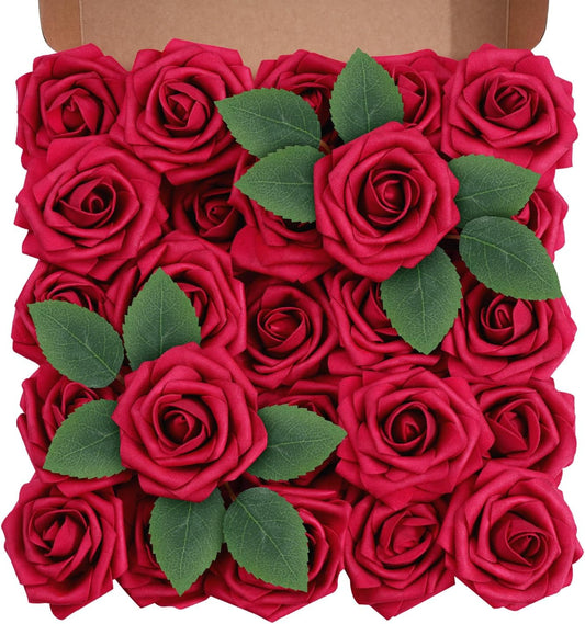 Artificial Flowers Foam Fake Roses 25pcs Red Roses with Stems for Home Decor DIY Wedding Bouquets Party Bridal Shower Centerpieces Faux Flower Arrangements Tables Decorations