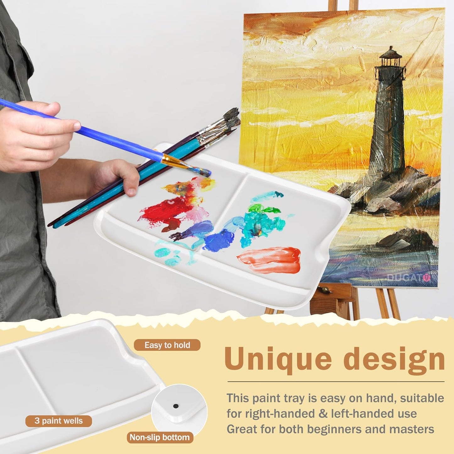 DUGATO Large Rectangular Paint Palettes (2 Pack, 13.8x9 inches) - 3 XL Well Plastic Mixing Trays for Acrylic, Oil, Watercolor & Gouache