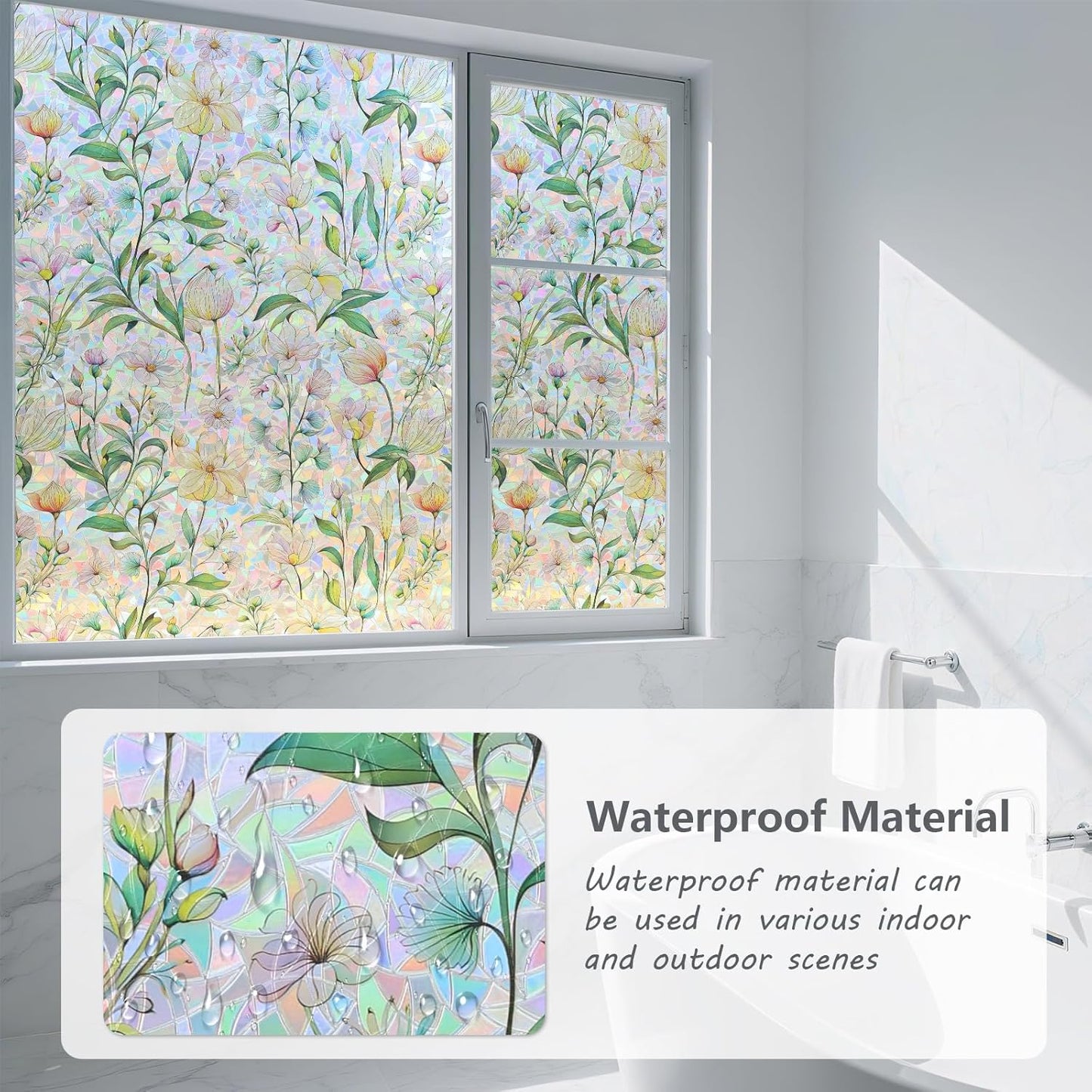 FINNEZ Window Privacy Film Stain Glass Film Flowers Rainbow Window Film Window Clings Non-Adhesive Reusable Decorative for Home（Forest Rainbow，45.2 Inch x 13.1 Feet）