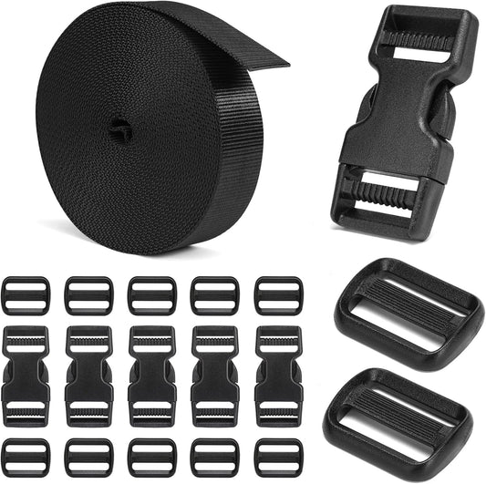 Buckles and Straps Set 1": 6 Yards of Thick Nylon Webbing, 6-Pack Heavy Duty Adjustable Quick Side Release Plastic Buckles, 12 Tri-Glide Slide Clips, Black (1-Inch Combo Set)