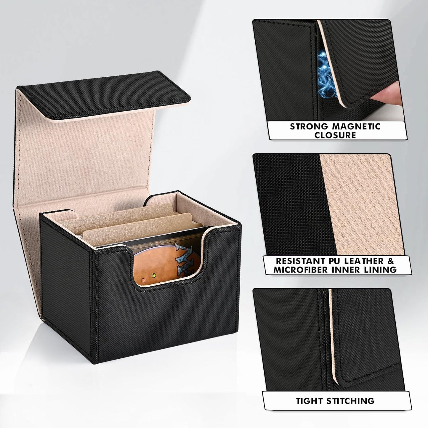 ZLCA Card Deck Box for Trading Cards, MTG Commander Deck Box Holds 120+ Single Sleeved, Leather Magnetic Card Storage Case Fits for TCG CCG Magic (Black& Gold)