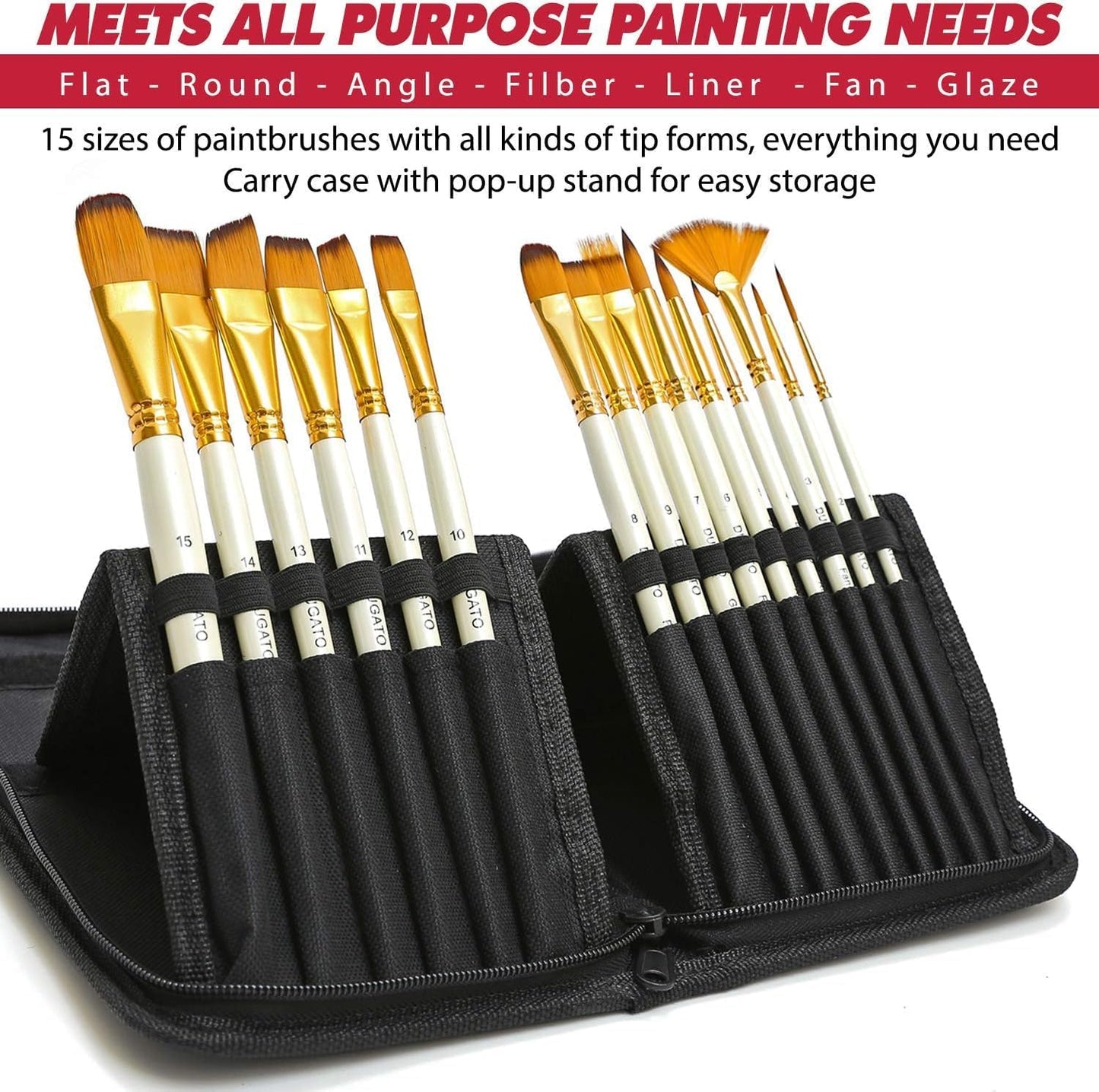DUGATO 15pc Artist Paint Brush Set with Pop-Up Case, Palette Knife & Sponges - Nylon Hair for Acrylic, Oil, Watercolor, Gouache, Model & Craft Painting
