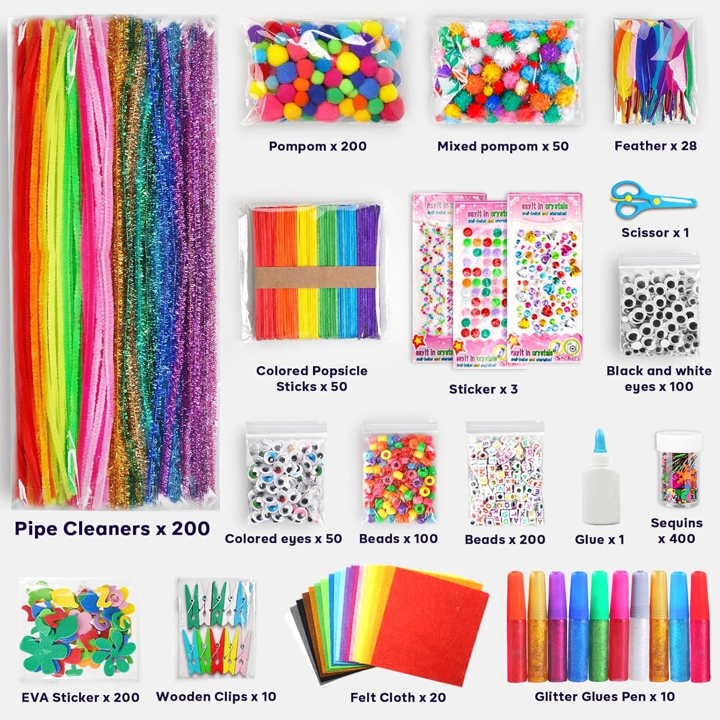 FUNZBO Arts and Crafts Supplies for Kids -Kids Craft Kit with Pipe Cleaners, Popsicle Sticks, Pompoms & Stickers, All in One Homeschool Supplies, Toys Crafts for Girls Boys Age 4+
