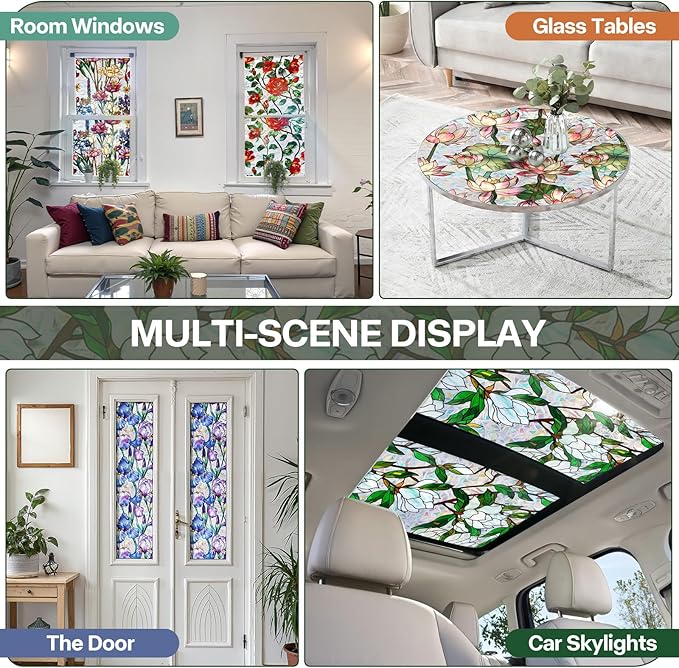 Stained Glass Window Film UV Resistant Window Privacy Film Hummingbird Floral Privacy Rainbow Decals Living Room Bedroom Sun Blocking Decor Removable Static Cling Stickers 17 x 39.37 Inch