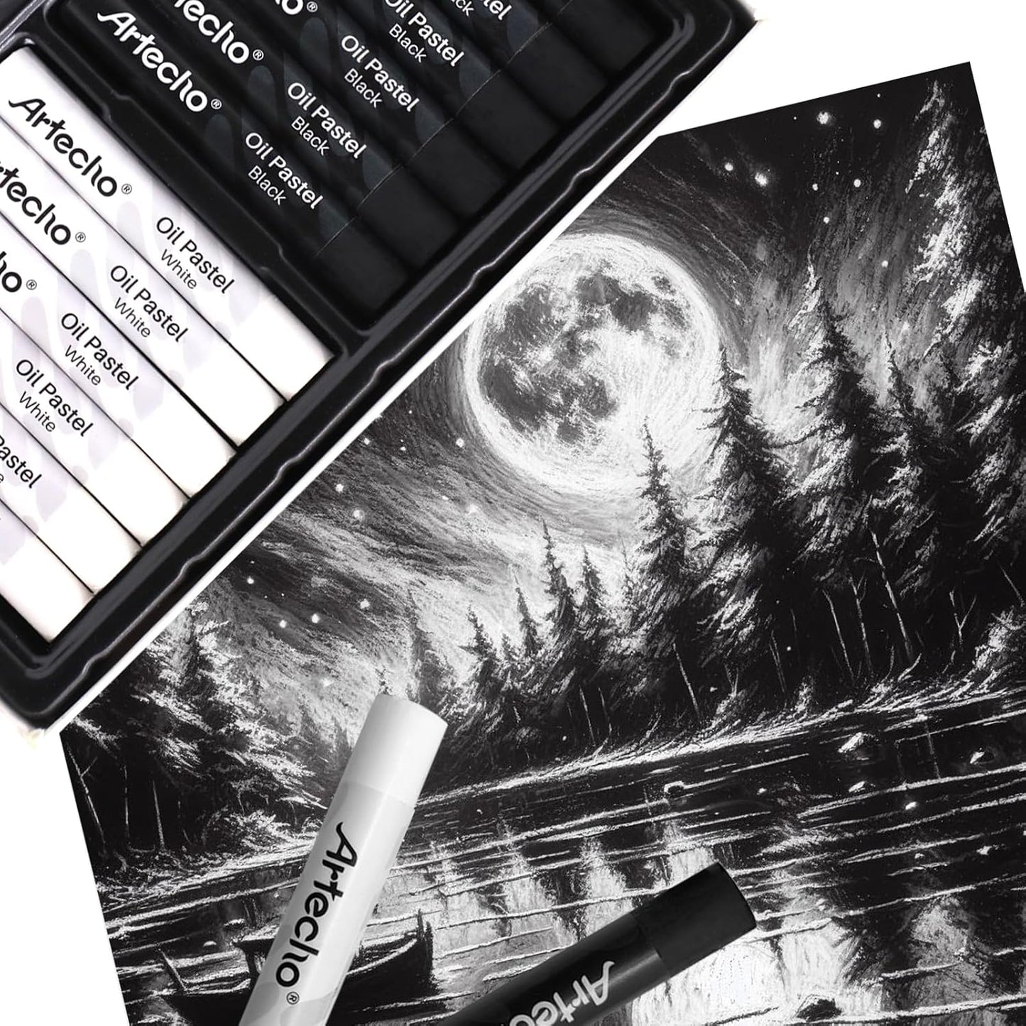 Artecho Oil Pastels Set of 12 PCS, 6 White and 6 Black, Crayons for Art Painting, Drawing, Blending (10 x 70 mm)